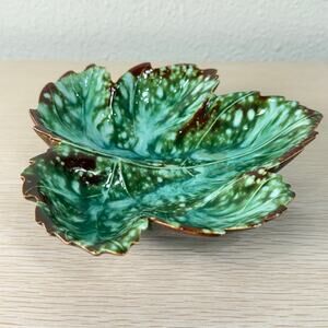 Vintage 90s Green Brown Leaf Ceramic Bowl Dish Fairy Forest Whimsy Whimsigoth